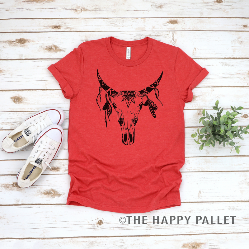 Bull Skull graphic tee.  Bull Skull Aztec Feathers short sleeve crew neck tee.