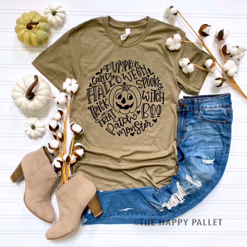 Halloween Shirt, Pumpkin Shirt, Boo, Witch, Trick or Treat Crew Neck