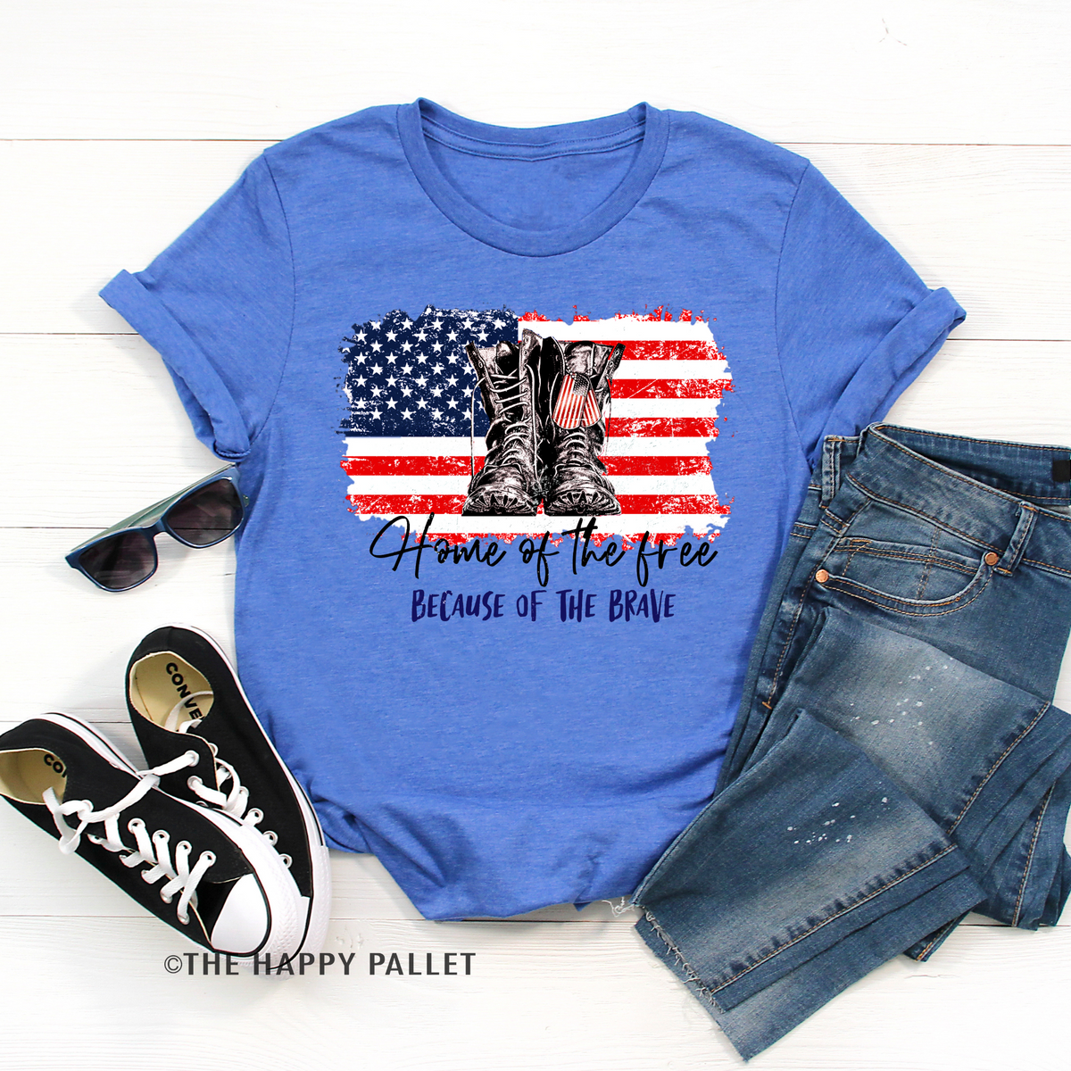 Home of The Brave American Flag and Boots Adult Fourth of July Shirt