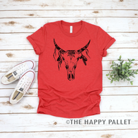Bull Skull graphic tee.  Bull Skull Aztec Feathers short sleeve crew neck tee. 