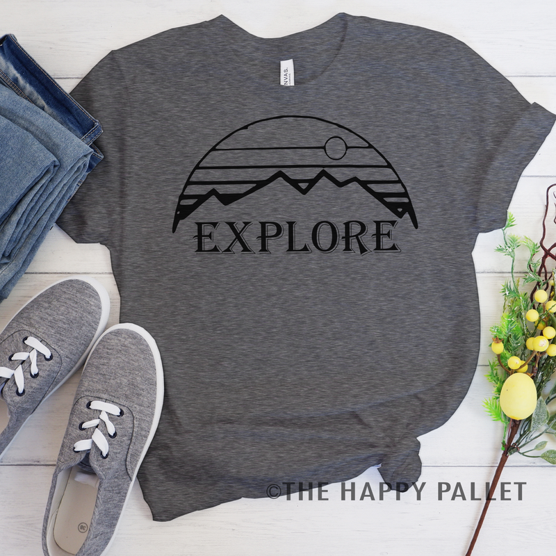 Explore Mountain Crew Neck Shirt, Outdoors Shirt, Camping, Explore